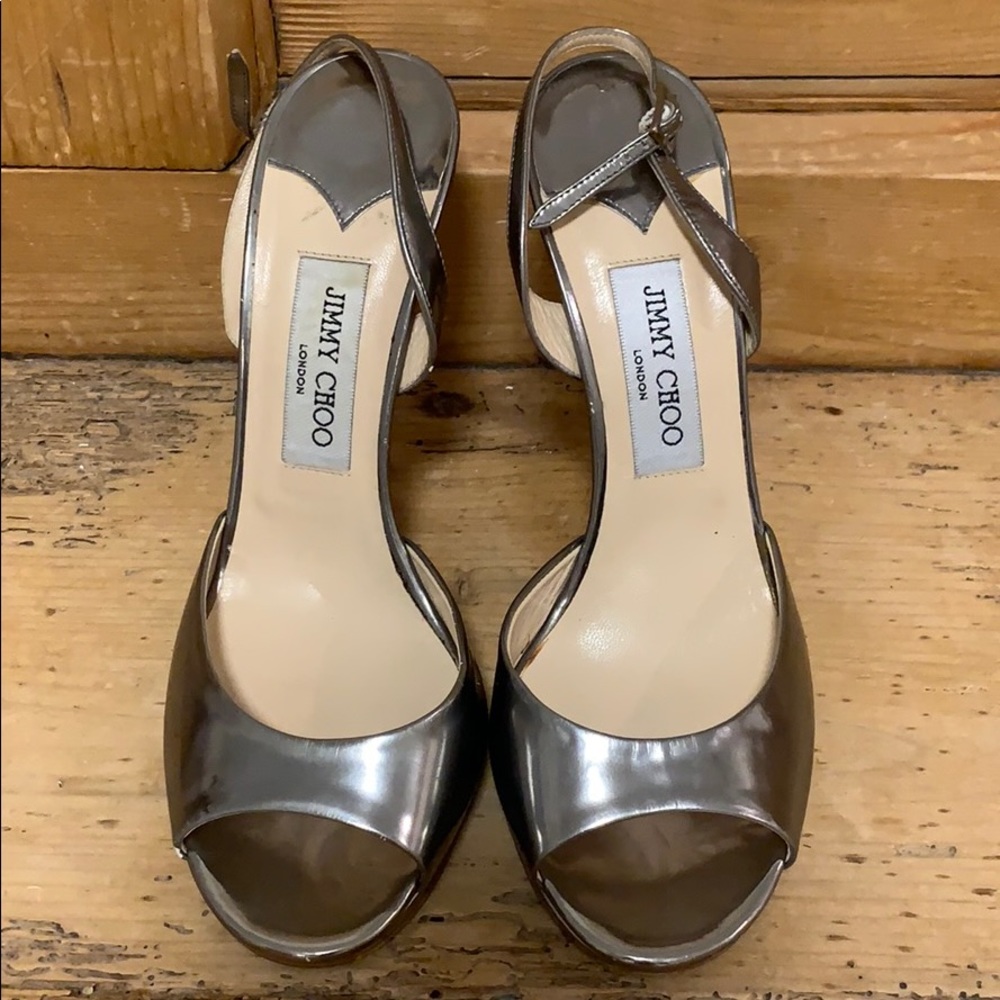 Jimmy Choo Patent Leather Silver Peep Toe heels